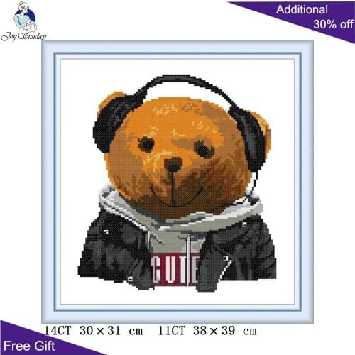 Joy Sunday Music Bear DA488 14CT 11CT Counted and Stamped Cute Animal Home Decor Needlework Embroidery DIY Cross Stitch kits