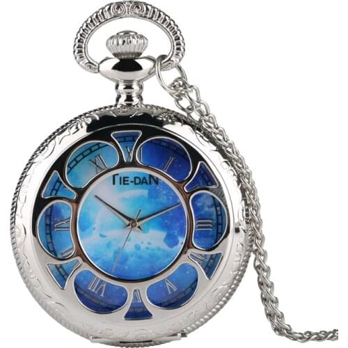 Vogue Blue Meteorite Design Quartz Pocket Watch Fashion Necklace Chain Fob Watch for Men Women Analog Silver Pendant Watch Clock