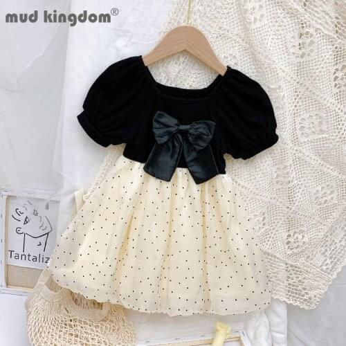Mudkingdom Girls Toddler Dress Bow Puff Sleeve Dot Mesh Square Collar Princess Dresses for Kids Drop Shoulder Children Clothing