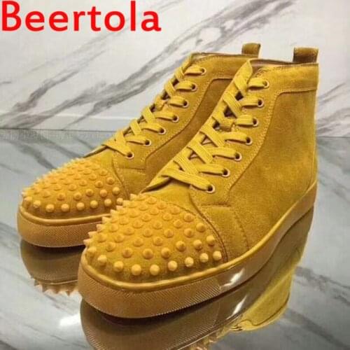 Flock Yellow Mens Sneakers Lace Up Round Toe Spike Head High Top Casual Shoes Men Rivets Tenis Masculino Thick Bottom Shoes Men