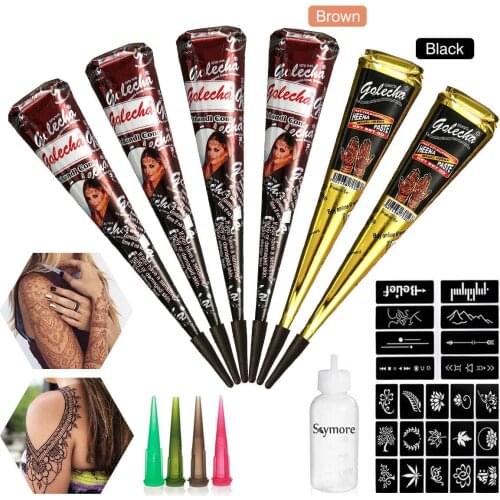 6Pcs Black Brown Henna Tattoo Cream Set Temporary Tattoo Art Ink Stick Stencils with Plastic Nozzle Indian Henna Body Paint Art