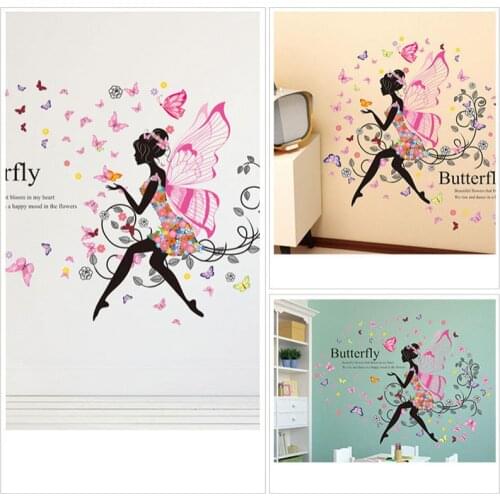 Lovely Fairy Girl Butterfly Flower Princess Wall Stickers Bedroom Living Room TV Sofa Background Decoration DIY Art Wall Decals