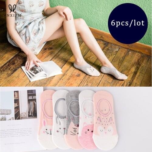 6 pairs / batch cute cat female boat socks ankle low invisible student socks breathable sweat soft and comfortable cotton socks