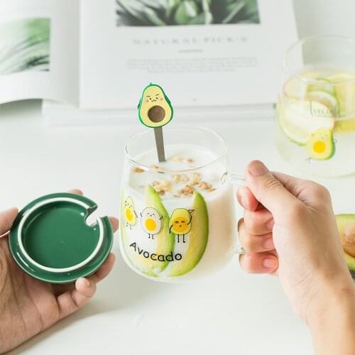 The New Avocado Green Glass Cup Creative Mark Cup Transparent Covered Spoon Handle Tea Heat-resistant Household Milk Cup
