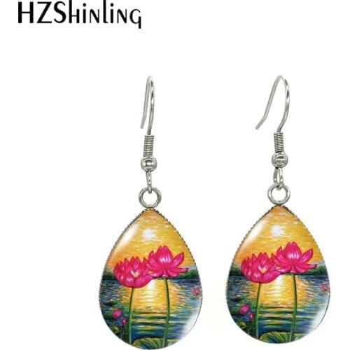 2021 New Beautiful Lotus Pink Water Lilies Oil Paintings Handcraft Jewelry Tear Drop Fish Hook Earrings