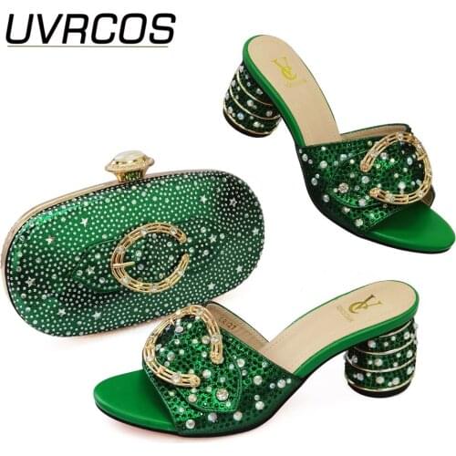 2021 New Shoes and Bag Set Women Italian design Gree Color Italian design Shoes with Matching Bags Set Decorated with Stone