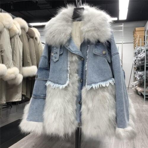 2021 New Winter Denim Real Raccoon Fur Coat Genuine Fur Collar Autumn Women Jacket A Style Loose Plus Size High Quality