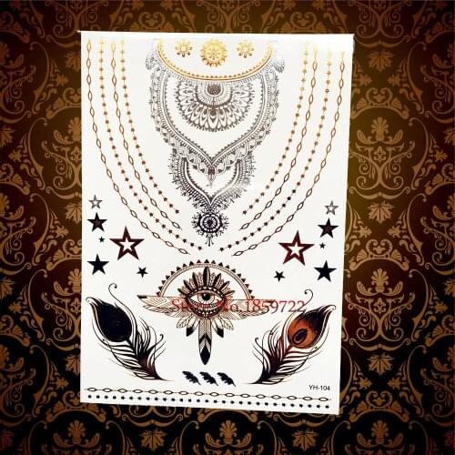 New Indian Totem Designs Gold Metallic Waterproof Tattoo Stickers HYH-104 Body Art Necklace Tattoo Choker Henna Feather Tattoos