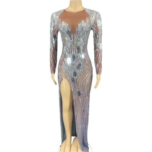 New Women Silver Mirror Stones Dress Sexy Transparent Evening Long Dress Birthday Celebrate Mesh Outfit Dancer Singer Costumes