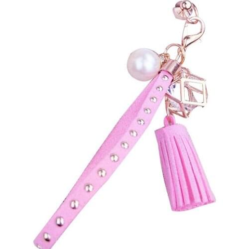 New Design DIY Bag PU Leather Tassel Pendant Accessory For Women Girls Simple Fashion Style Car Key Chains Pearl Dangle Keychain