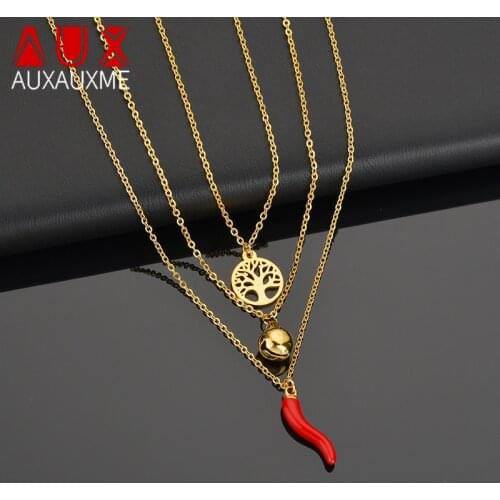 Auxauxme 3 Layers Majesty Queen Necklace Gold Staninless Steel Red Chili Bell Pendant Necklaces Women Anniversary Gifts