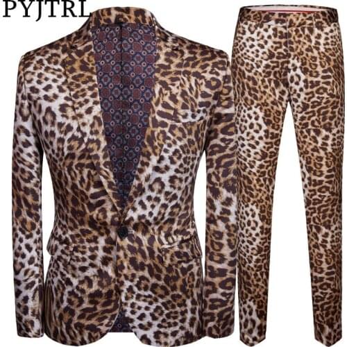 PYJTRL Tide Men Plus Size DJ Night Club Leopard Print 2 Pieces Set Mens Suits With Pants Stage Singers Costume Casual Suit