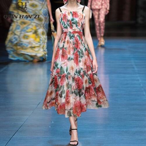 Qian Han Zi Summer Fashion Sexy Spaghetti Strap Dress vintage Flower print Slim Chiffon Mid-length Slim Beach dress for Women