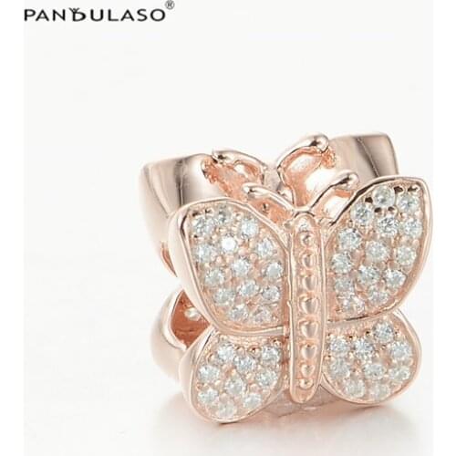 Rose Gold Color 925 Sterling Silver Jewelry Beads Fits European Charm Bracelet & Choker Paved Butterfly Beads Women DIY Jewelry