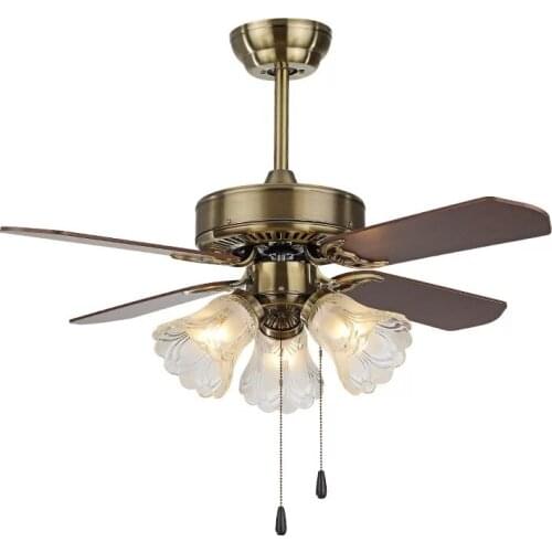 Nordic brown retro line pull fan light with light pull-wire control LED silent wood fan bedroom living room ceiling lamp