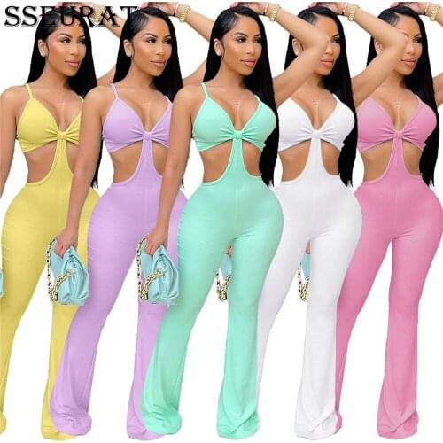 SSEURAT Summer Ribbed Cut Out Straight Jumpsuit Sexy Party Sleeveless Rompers Spaghetti Strap Knitted One Piece Overalls