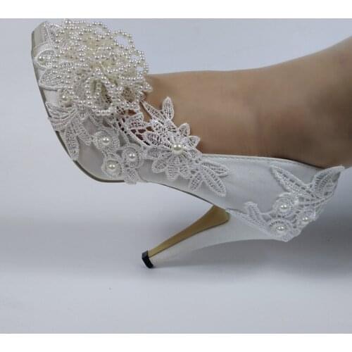 BaoYaFang Beading Pearl wedding shoes Peep Toe white lace shoes Flower Ladies party shoes woman Open Toe High heel Pumps