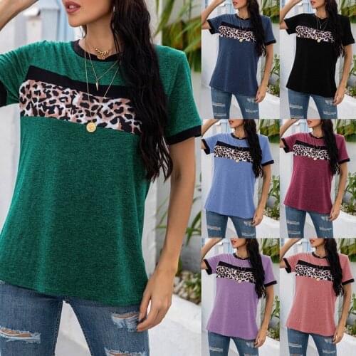Loose T-Shirts Women Jumpers Short Sleeve Casual Tops Women Pullover O-Neck Leopard Patchwork Tee Shirt