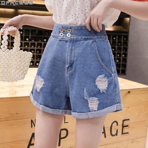 Loose Wide Leg Plus Size Women Denim Shorts Summer Button High Waist Streetwear Short Femme Cuffs Scratched Ripped Shorts Jeans