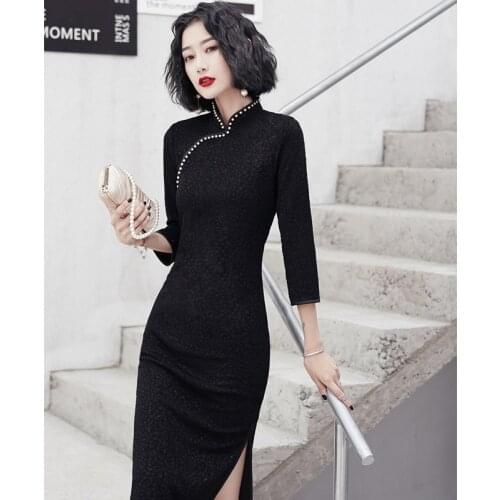 Black Traditional Qipao Robe Chinoise Retro Sexy CheongSam Chinese Dress High End Customization Banquet Evening Dress