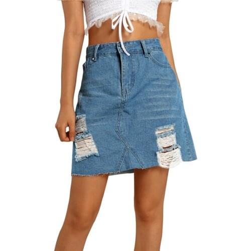 Fashion Street Bottoms Clothing Summer Female Ladies High Waist Printed Ripped Destroyed Mini Skirts Women Denim A-line Skirt