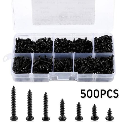 500pcs M3 Pan Head Tapping Screw Carbon Steel Black Self-tapping Wood Screw Widely Used Cross Head Screw Set Assortment Kit