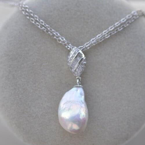 Z10525 18x12mm White Baroque Drip Edison Keshi Pearl Pendant CZ
