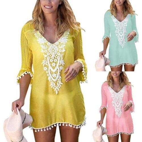 Plus Size Summer Women Beach Wear Lace Crochet Pompom Trim Bikini Cover Up Dress Sexy swimwear for summer Sexy Womens blouse