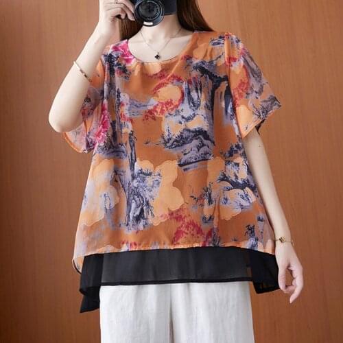 Women Summer Casual Chiffon Blouses New 2021 Vintage Style O-neck Floral Print Loose Comfortable Female Short Sleeve Tops B162