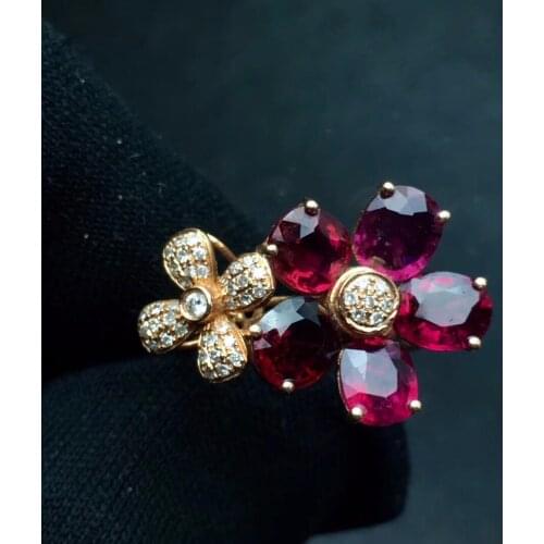 Rubilite Tourmaline Ring 4.2ct Pure 18 K Gold Jewel Natural Rubi Tourmaline Gemstones Diamonds Female Rings for Women Fine Ring