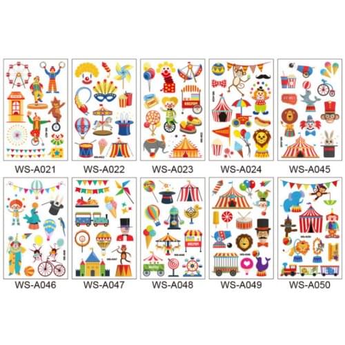 10 pcs per Set Circus Temporary Tattoos for Kids - Carnival Baby Shower/Birthday Party Supplies