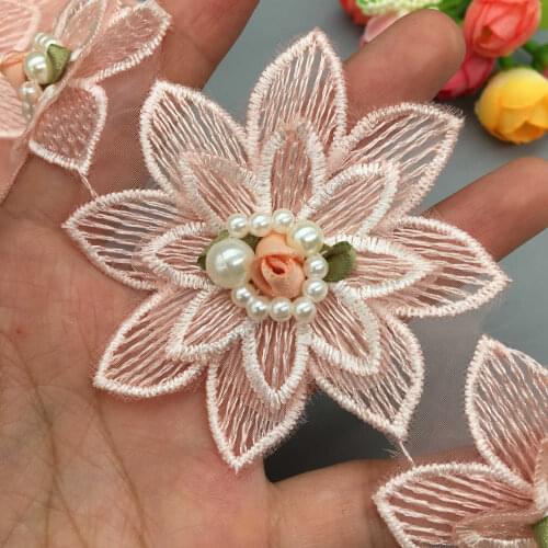 10x Pink 7x7cm 3D Pearl Beaded Flower Embroidered Lace Trim Ribbon Fabric Handmade Wedding Dress Clothes Sewing Supplies Craft