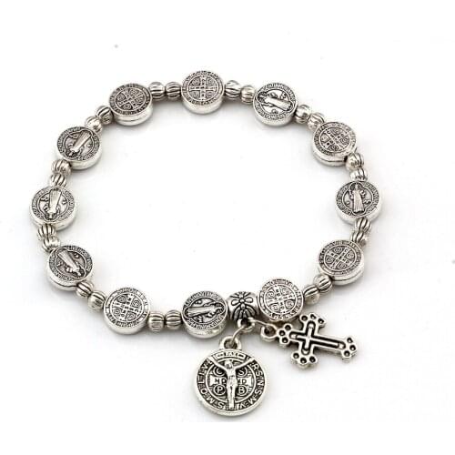12Pcs Saint Benedict Medal Alloy Beaded Bangles For Men Women Christ Juses Cross Virgin Mary Pendant Bracelets C-80
