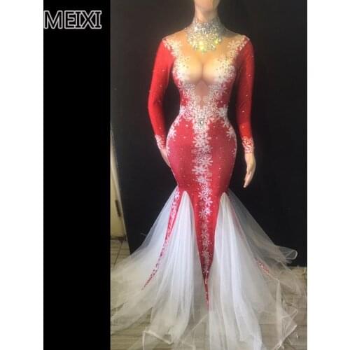 Atmospheric red deep V snowflake rhinestone gauze dress bridal luxury bar birthday party concert singer dancer costumes