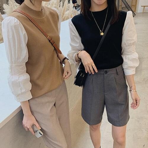 Patchwork Blouse Women 2020 Spring Autumn Knitted Tops and Blouses Streetwear Shirt vintage blusas mujer