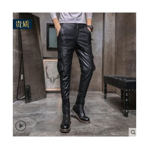 Plus velvet thicken leather pants mens feet pants fashion loose motorcycle pu trousers for men personality black