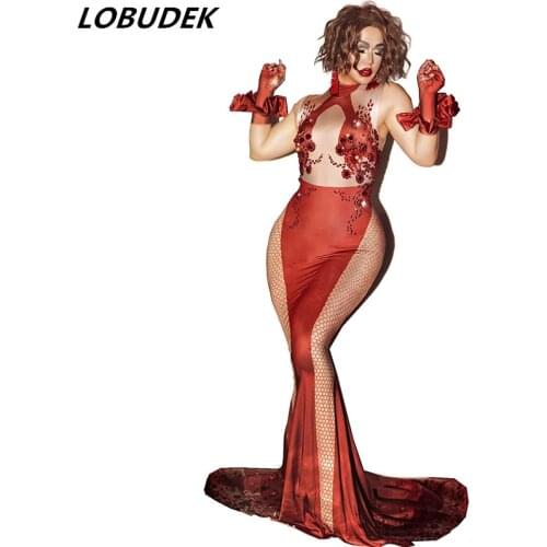 Red Rhinestone Elastic Spandex Mermaid Long Dress Sexy Lady Sleeveless Skinny Evening Party Trailing Dress Bar Singer Stage Wear