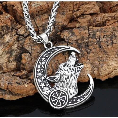 Ancient Silver Wolf Head of The Moon Amulet Pendant Necklace Accessories Jewelry Buddhist Lucky Fashion Women Sweater Chain