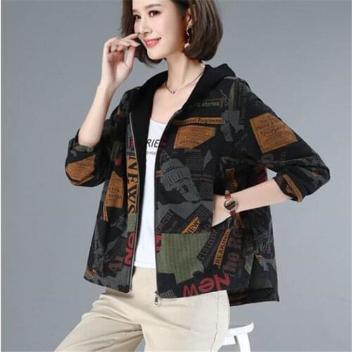 Double-layer Hooded Short Coats Womens Jacket Vintage print Korean Loose Overcoat Autumn Soft Outwear Female Zipper Coats