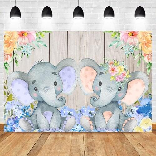 Twin Elephant Baby Shower Backdrop Boy or Girl Gender Reveal Photography Background Wooden Wall Photo Backdrops Floral Backdrops
