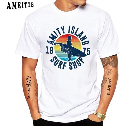 Vintage Amity Island Surf Shop 1975 Classic T-Shirt Fashion Men Short Sleeve Funny Boy Casual White Tops Summer Tees
