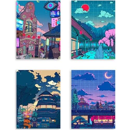 DIY diamond painting wall art cartoon view street rhinestone mosaic art poster home decoration night tree cute painting bedroom