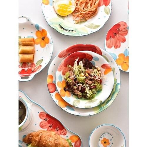 Pastoral Hand-painted Flower Ceramic Bowls, Ears, Fish Plates, Household Noodle Soup Bowls, Rice Bowls and Dishes
