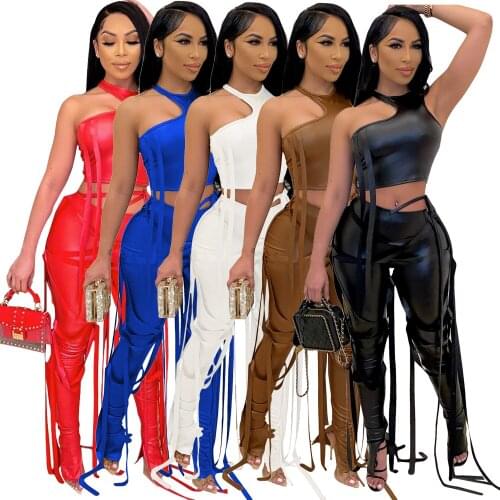 2021 Sexy Pu Leather Two Piece Set Sleeveless One Shoulder Crop Top Bandage Sweatpants Outfits Women Night Club Sets