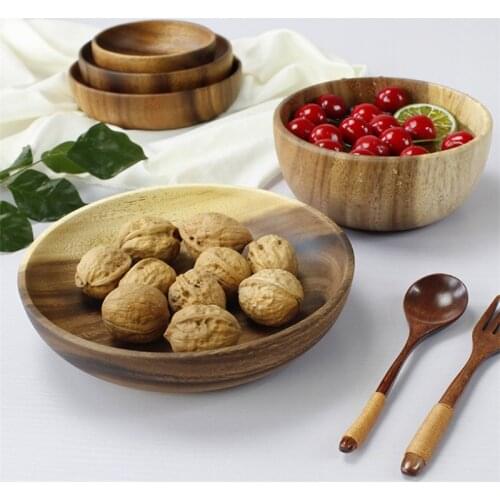 Creative Natural Solid Acacia Wooden Bowl for Soup Rice Handmade Wood Soup Fruit Bowl Salad Bowl Kitchen Utensils Tableware