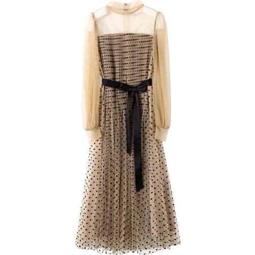 Fashion Lady Dress Dot Tulle Dress Pleated Lantern Sleeve Fashion Dress Belt Lovely Dress
