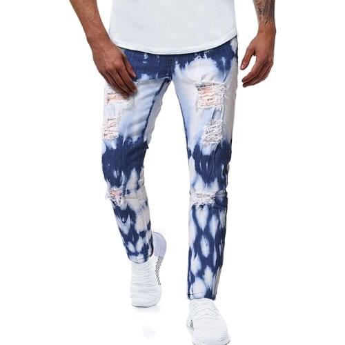 Men straight casual jeans spring and autumn new fashion washed distressed hole jeans snowflake denim trousers male denim pants