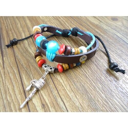 New trendy fashion tibet sliver charms handmade vintage wood beads wrap men genuine leather bracelets bangles jewelry for women