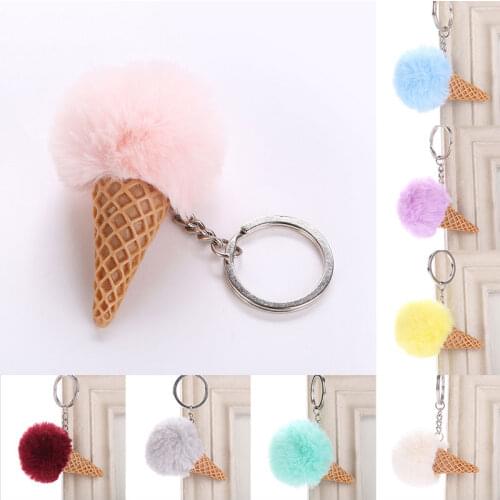 New Cute Ice Cream Cone Keychain Furry Acrylic Key Chain Ring Fur Ball Keyring Pompon Backpack Women Shoulder Bags Pendant Gift