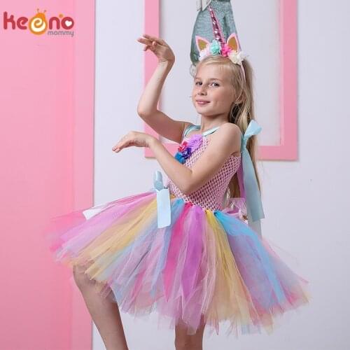Kids Girls Unicorn Tutu Dress with Headband Knee-Length Pastel Rainbow Flower Girl Dress Kids Halloween Pageant Party Costume